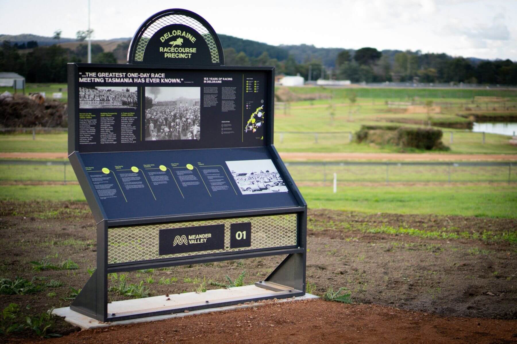 Wayfinding sign at the Deloraine Racecourse Recreation Precinct featuring a site map and heritage information.