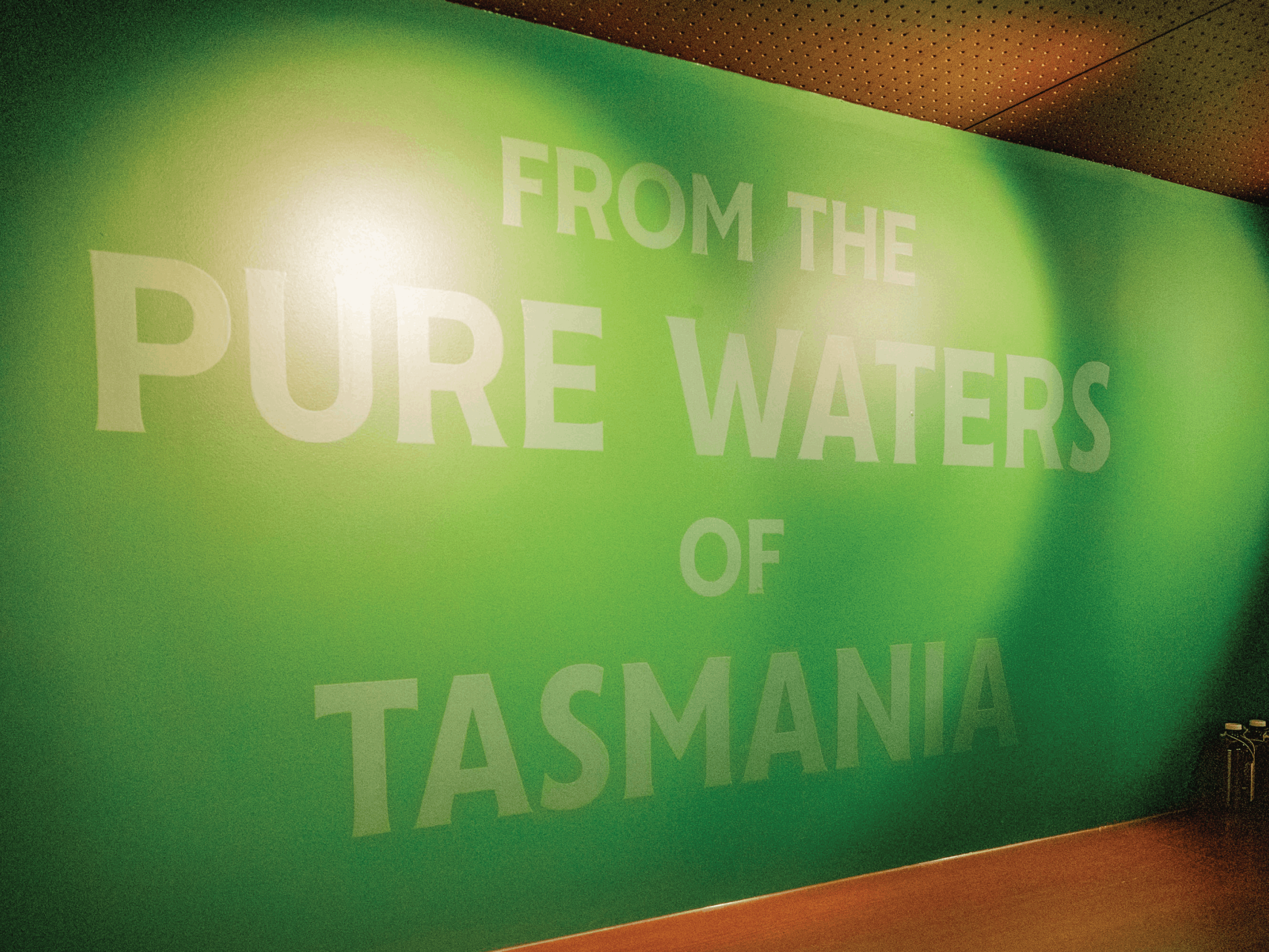Large pale lettering reading “From the pure waters of Tasmania” across a green wall at Boags Brewhouse.