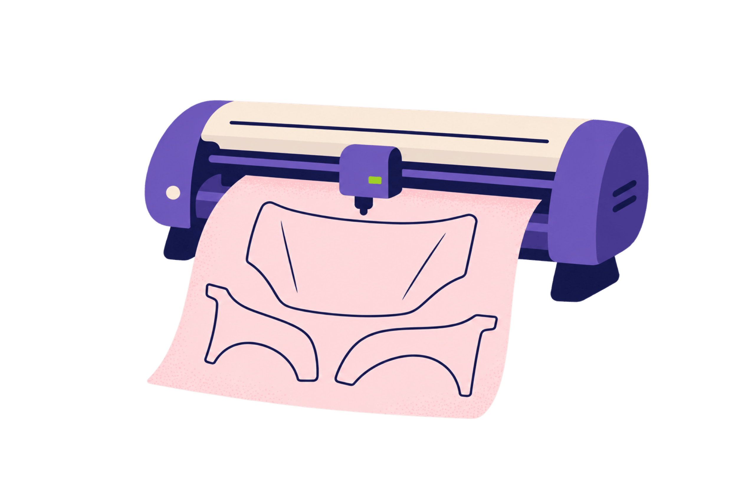 Illustration of a cutting plotter producing paint protection film patterns shaped to vehicle panels.