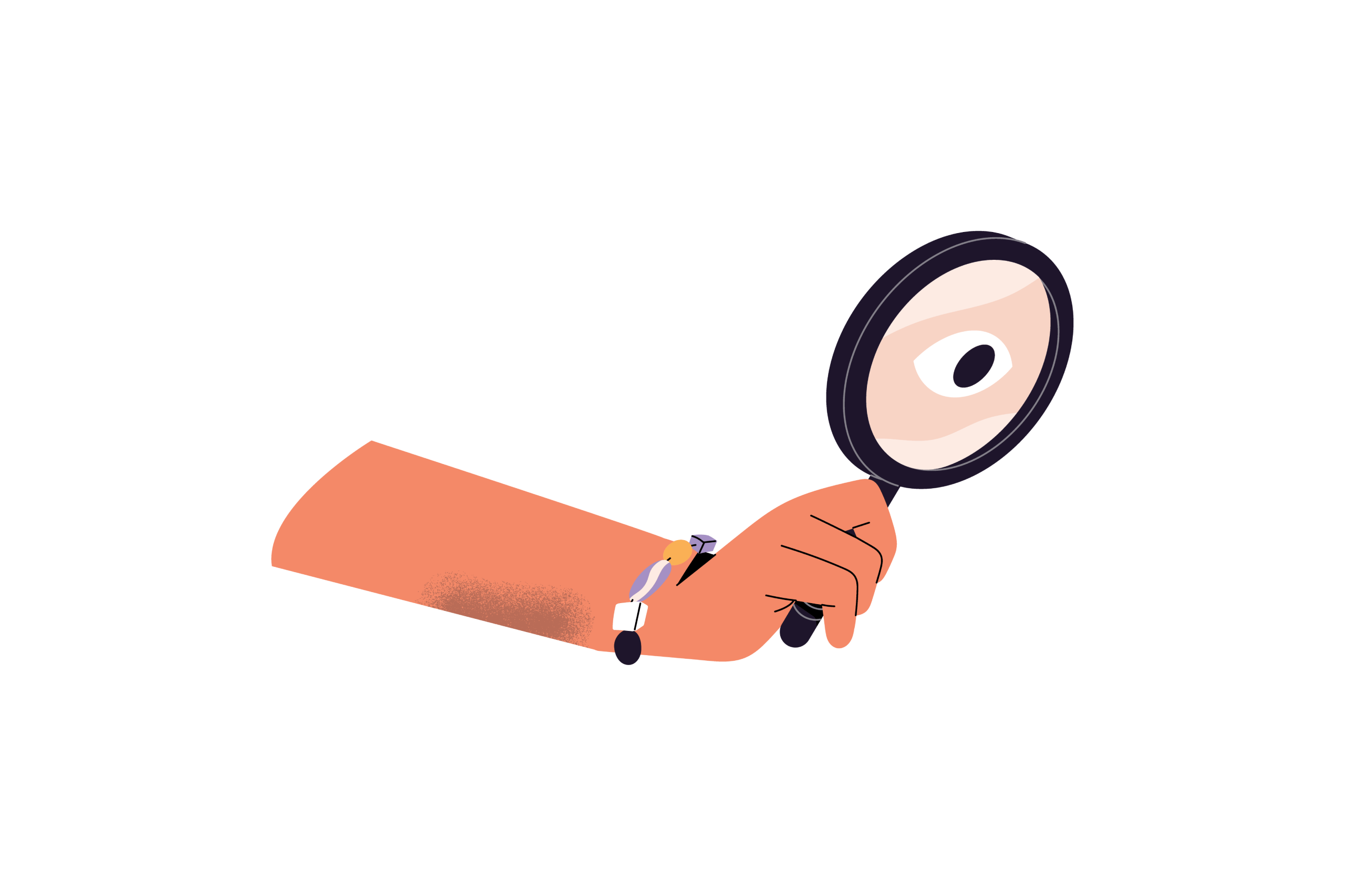 Illustration of a hand holding a magnifying glass with an eye visible through the lens.