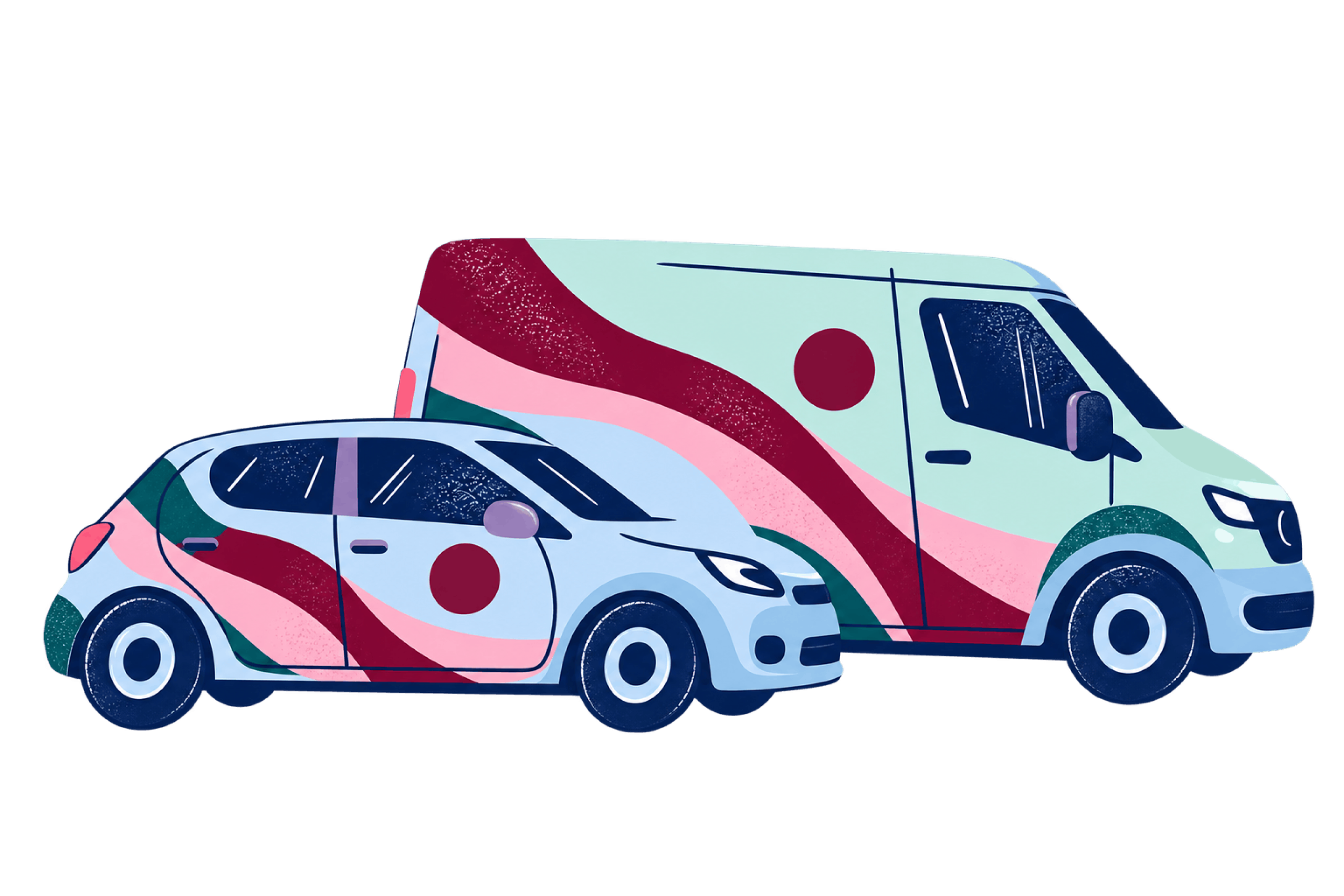 Illustration of a car and van with matching purple and pink fleet branding.