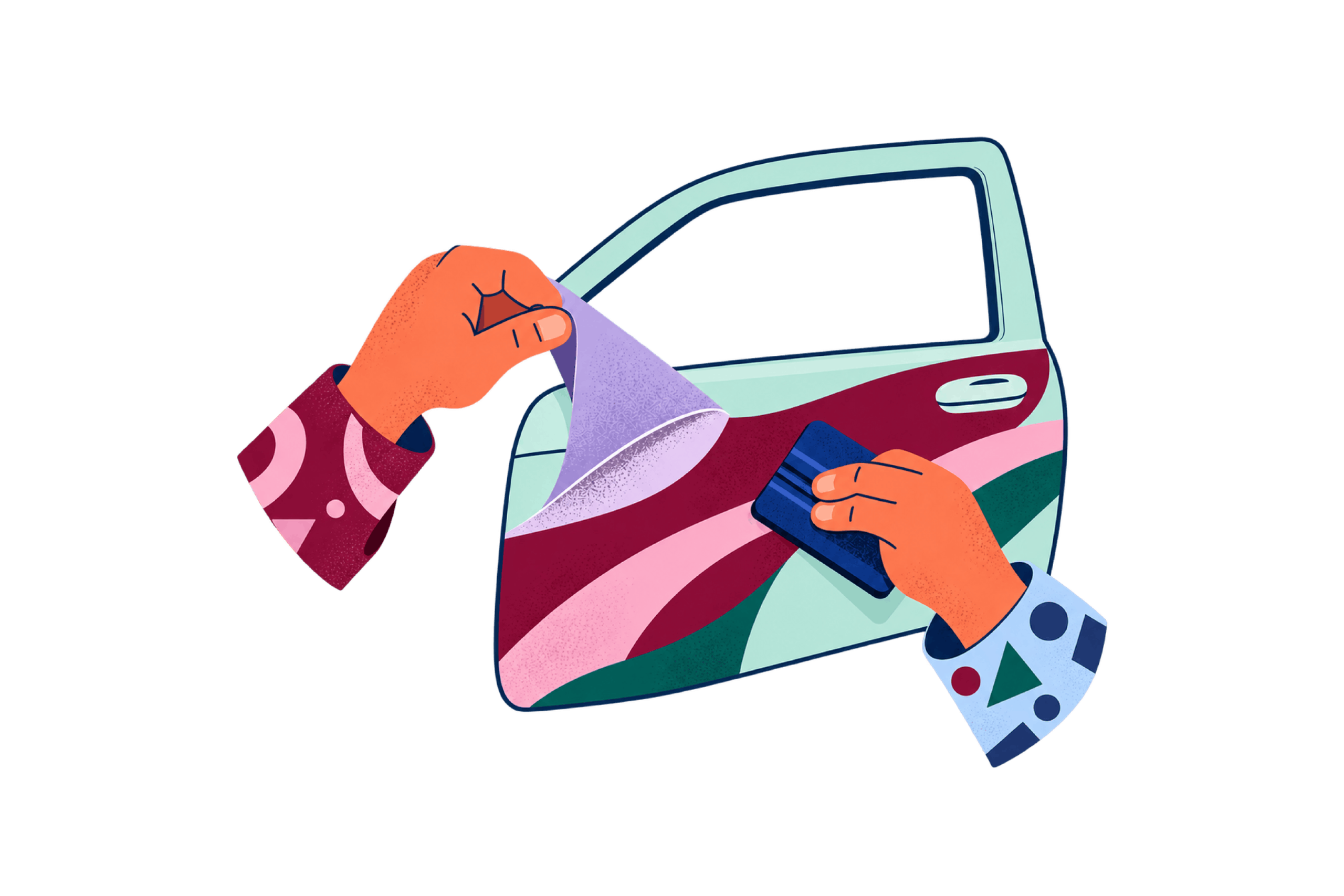 Illustration of hands applying purple and pink vehicle graphics to a car door using a squeegee.