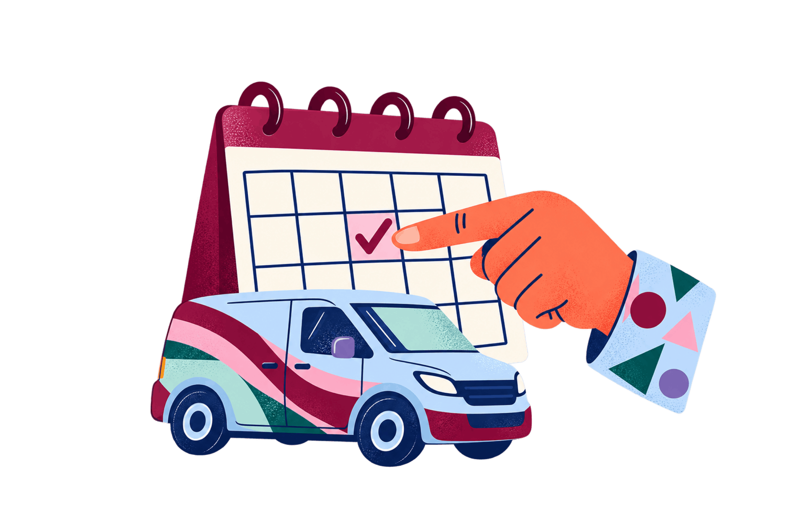 Illustration of a branded van beside a calendar, with a hand pointing to a confirmed installation date.