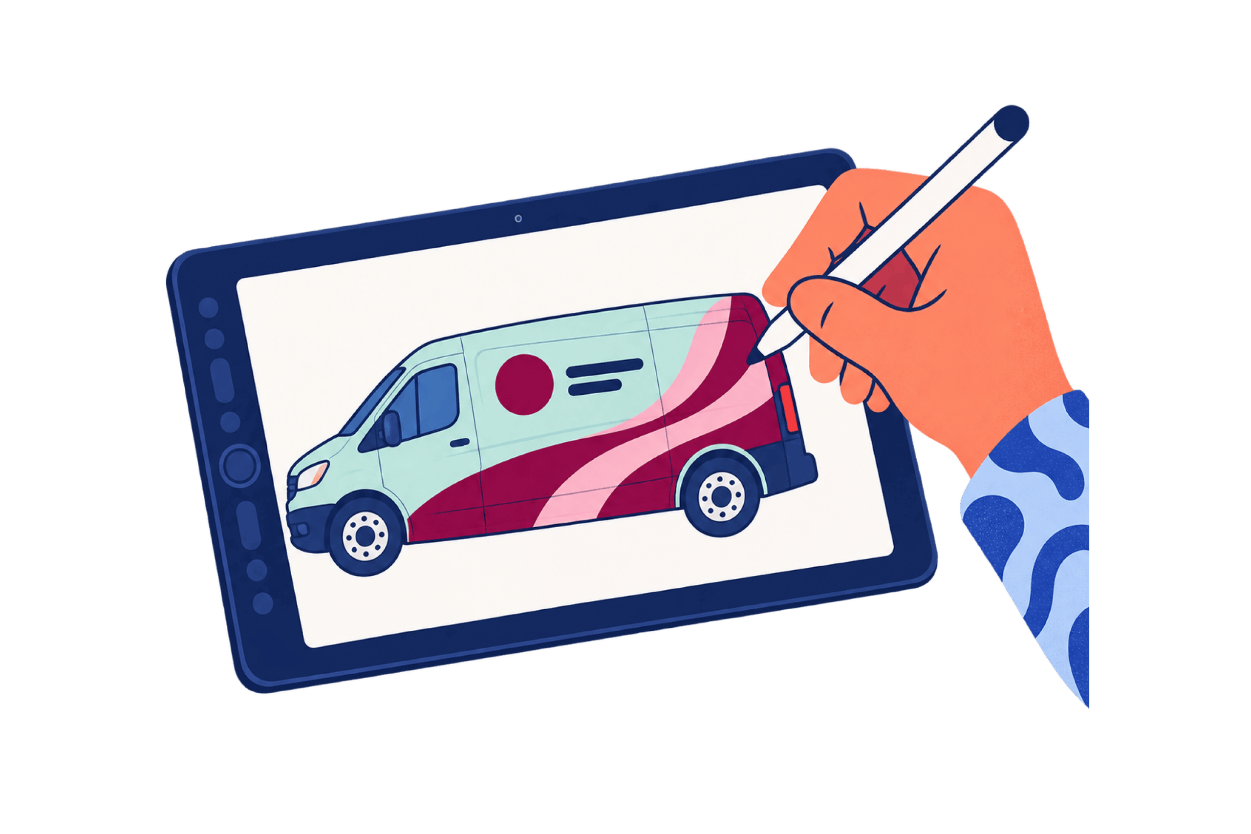 Illustration of a hand using a stylus to design berry and pink van graphics on a tablet.