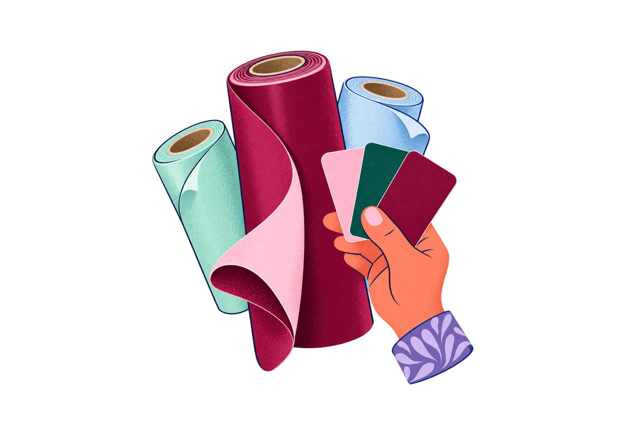 Illustration of berry, mint and blue vinyl rolls beside a hand holding colour swatches.