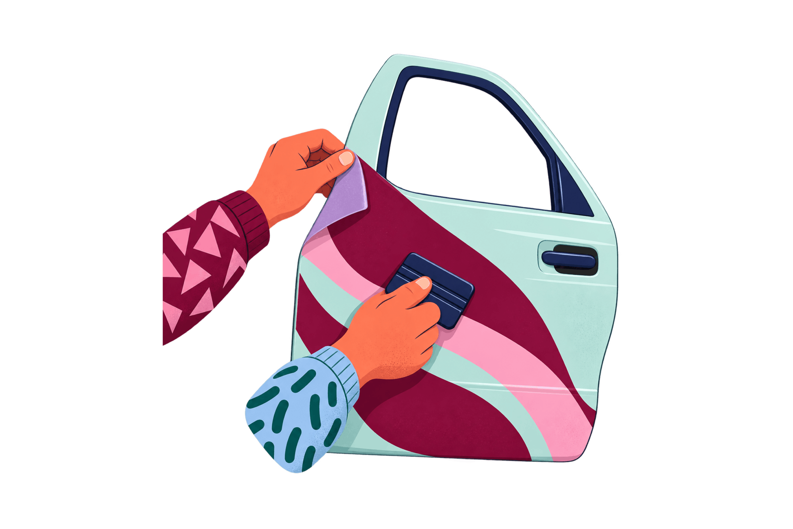 Illustration of hands applying berry and pink vinyl graphics to a mint vehicle door using a squeegee.