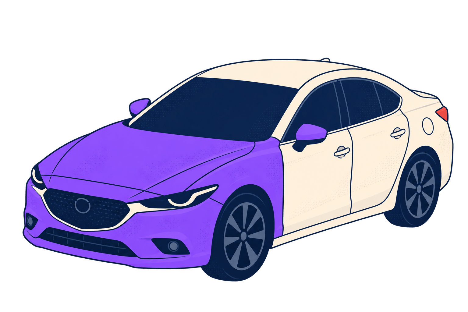 Front-End Paint Protection Film 3D car illustration showing front-end PPF coverage in purple across the bumper, bonnet, front guards and mirrors.