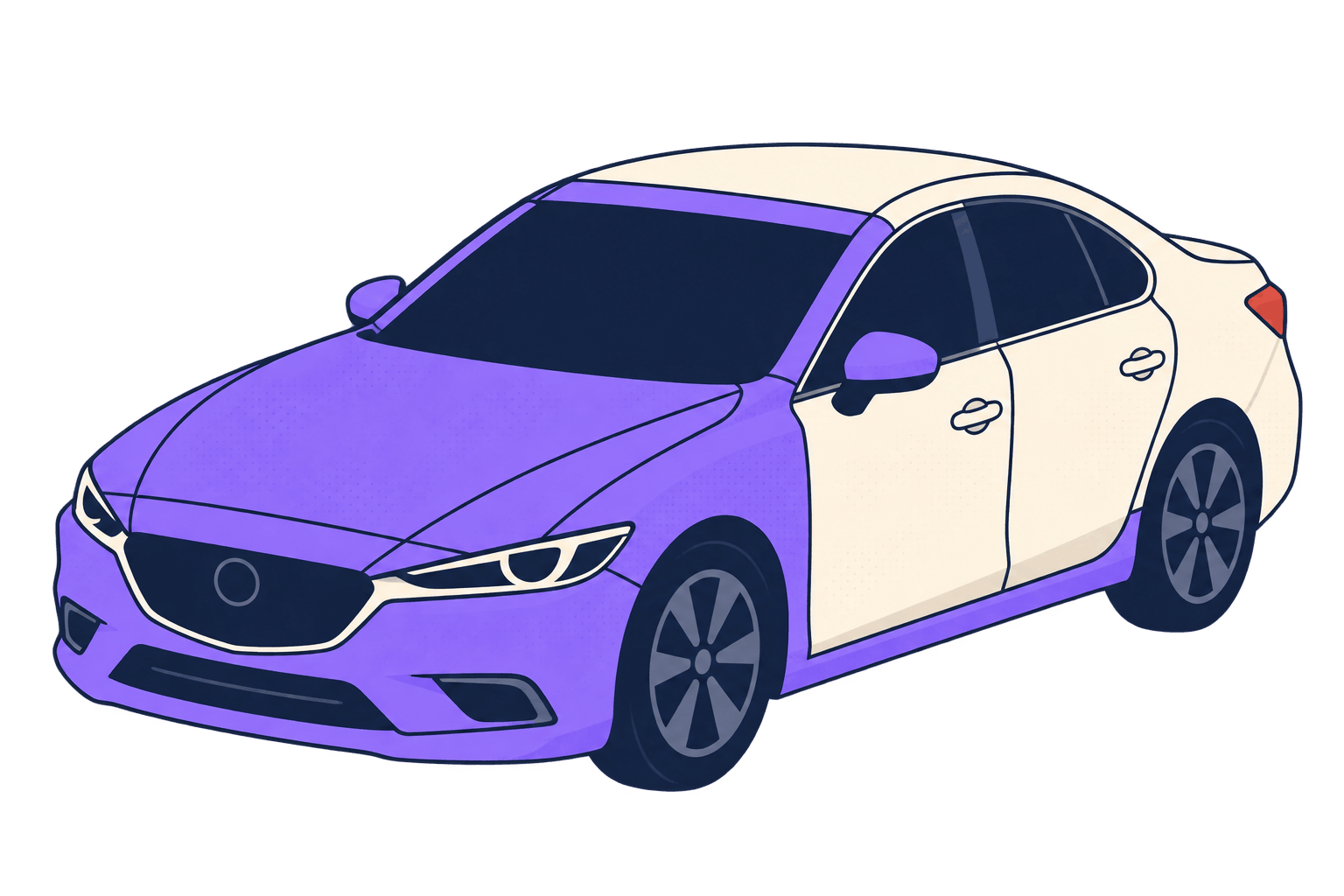 Extended Front-End Paint Protection Film 3D car illustration showing extended front-end PPF coverage in purple, including side skirts, A-pillars and the roof leading edge.