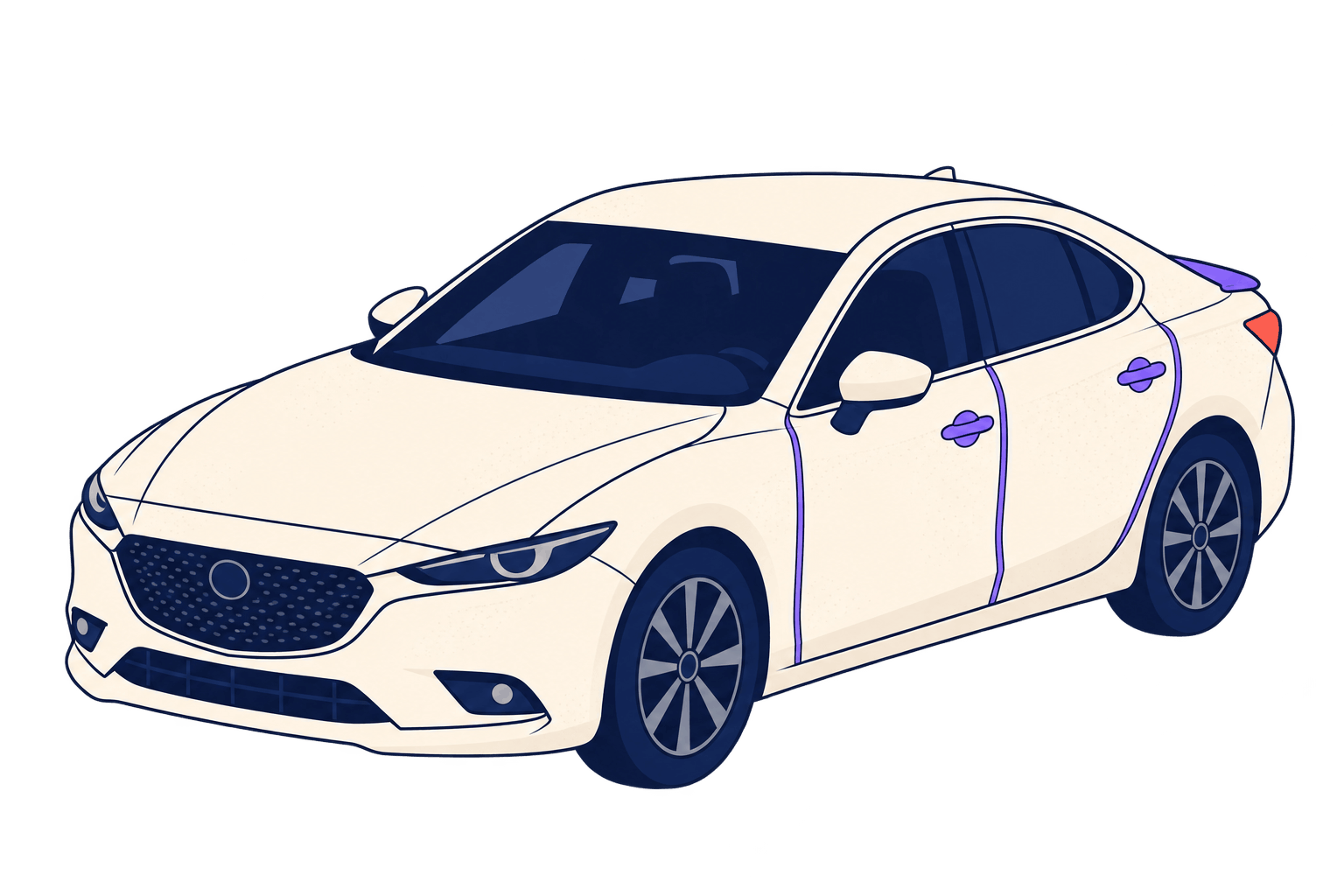 High-Wear Area Paint Protection Film 3D car illustration showing high-wear PPF coverage highlighted in purple around door handles, door edges and a rear boot area.